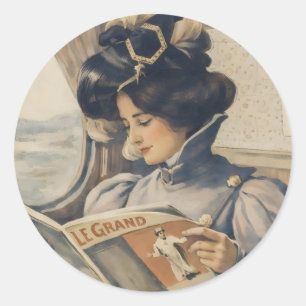 Sticker Rond Femme édouardienne vintage lisant dans un train