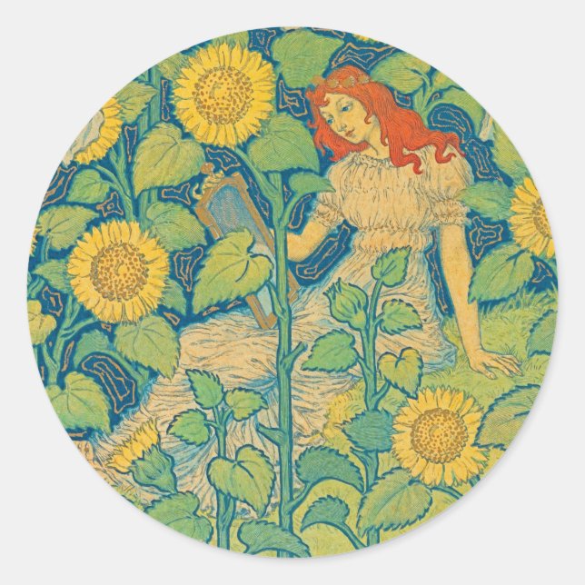 Sticker Rond Femme-fille de fleurs dans le jardin de tournesol (Devant)