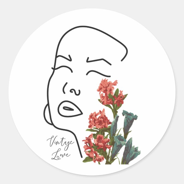 Sticker Rond Femme florale rétro face une ligne de dessin fleur (Devant)
