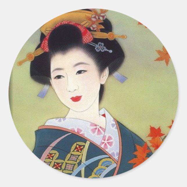 Sticker Rond Femme japonaise dans le kimono bleu (Devant)
