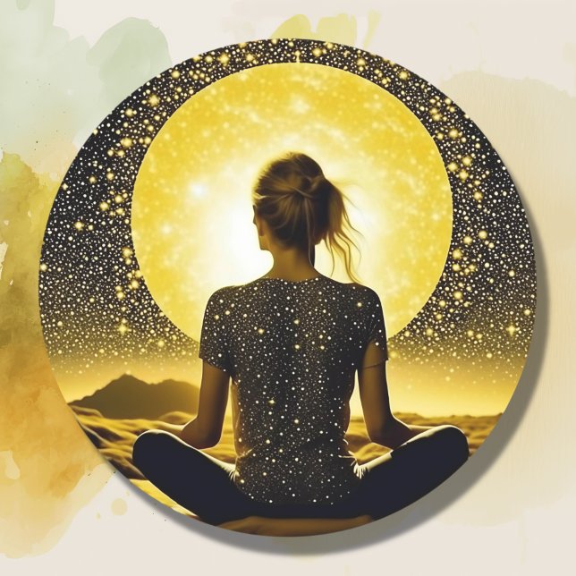 Sticker Rond Femme méditant par Pleine lune sur Starry Night (Créateur téléchargé)