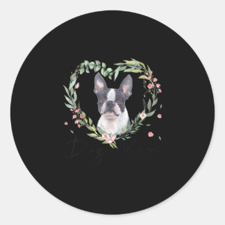 Sticker Rond Femme mignonne Boston Terrier Maman Fleur Amoureux