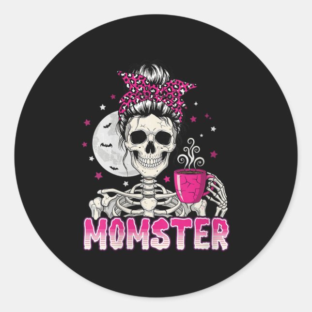 Sticker Rond Femme Momster Crâne Maman Café Lover Halloween Me (Devant)