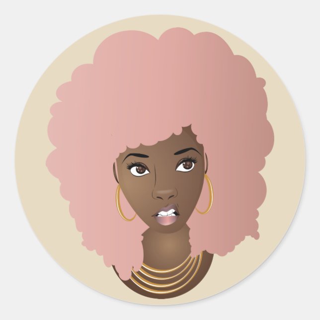 Sticker Rond Femme noire, afro rose avec une expression agacée (Devant)