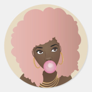 Sticker Rond Femme noire, Afro rose, Bubblegum rose
