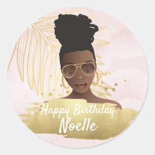 Sticker Rond Femme noire, Anniversaire rose doré tropical