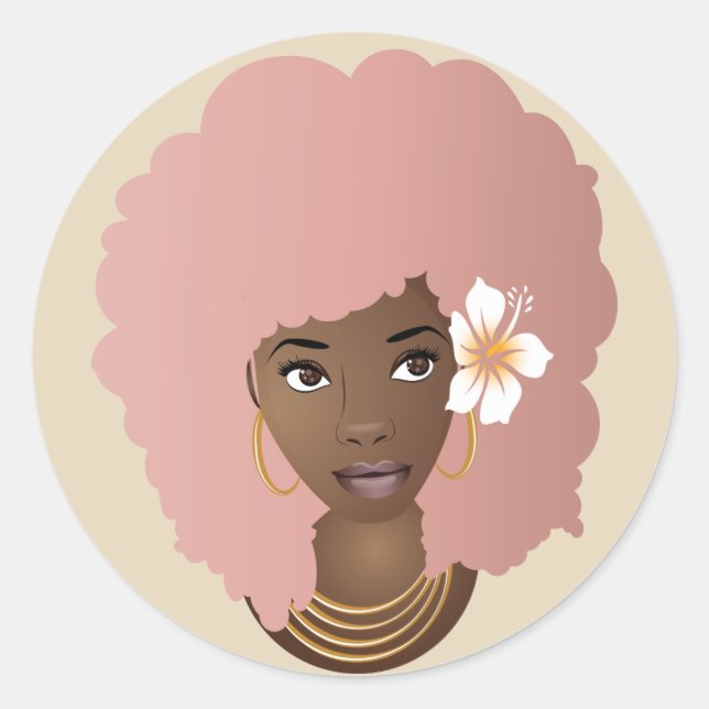 Sticker Rond Femme noire avec fleur dans son afro rose, beige (Devant)