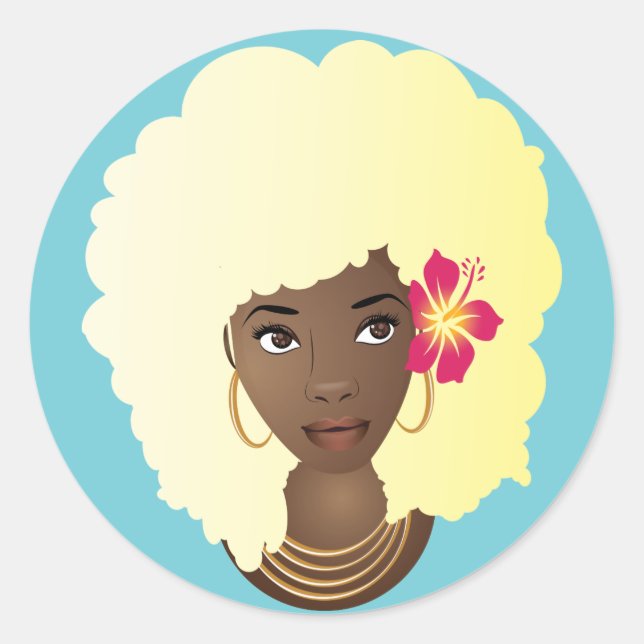Sticker Rond Femme noire avec fleur dans son Blonde Afro, Bleu (Devant)