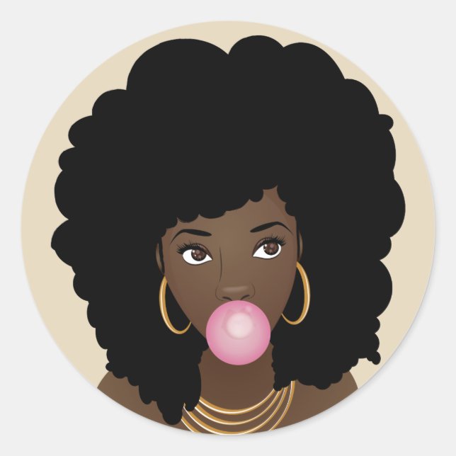 Sticker Rond Femme noire, Bubblegme rose, Cheveux naturels, Bei (Devant)