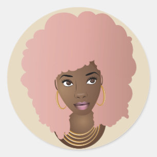 Sticker Rond Femme noire, Cheveux roses, Lèvres roses