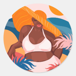 Sticker Rond Femme Noire Courbe, Plage Vacances Prêt