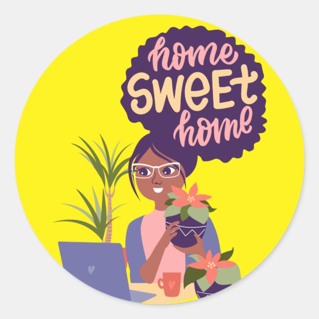 Sticker Rond Femme noire Fou Plante Lady, Home Sweet Home (Devant)