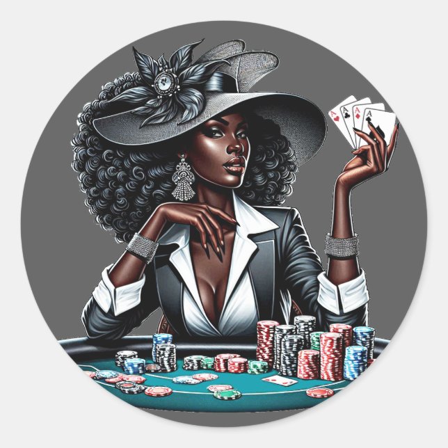 Sticker Rond Femme noire Jeux Casino Cartes Poker Chips Art (Devant)