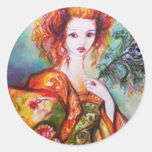 STICKER ROND FEMME ROMANTIQUE AVEC PÂTE DE PEACOCK ÉCLANTE