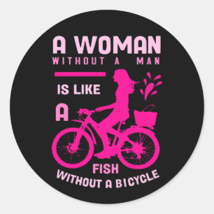 Sticker Rond femme rose sans homme comme poisson vélo féministe