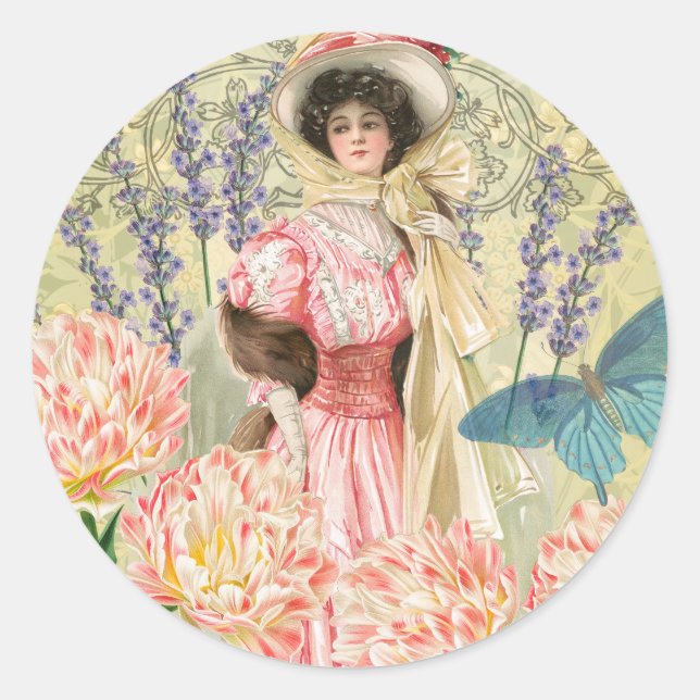 Sticker Rond Femme victorienne florale rose Régence (Devant)