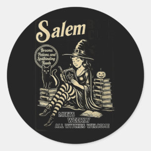 Sticker Rond Femme Vintage Salem Book Club Chat Noir Livresque