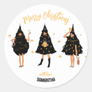 Sticker Rond Femmes habillées en noir Sapin de Noël