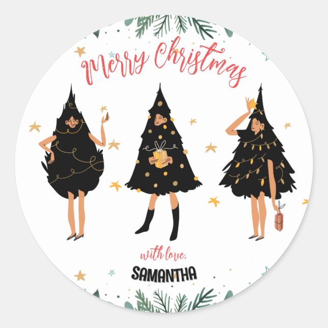 Sticker Rond Femmes habillées en sapin noir de Noël (Devant)