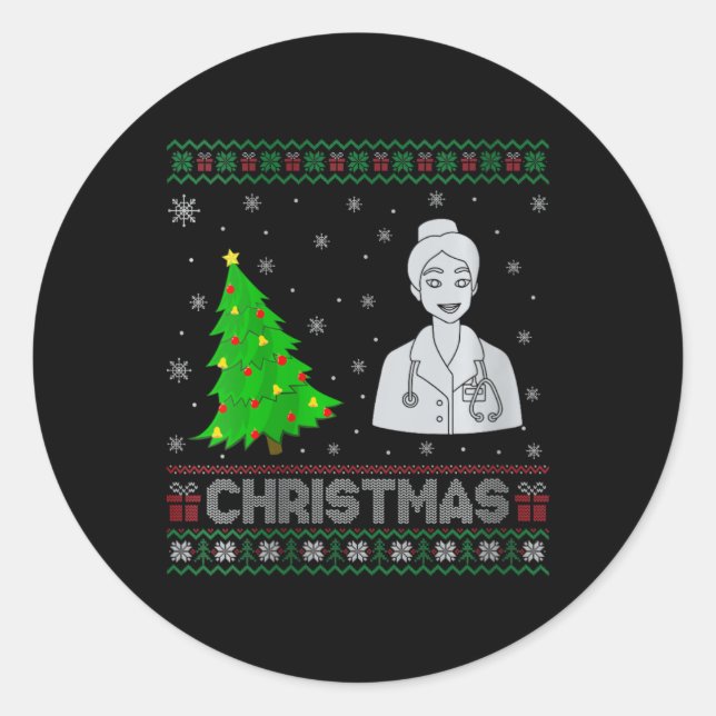 Sticker Rond Femmes Infirmière Praticien Xmas Arbre Éclairage l (Devant)