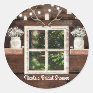 Sticker Rond Fenêtre de grange rustique arbre & pot de mason ca