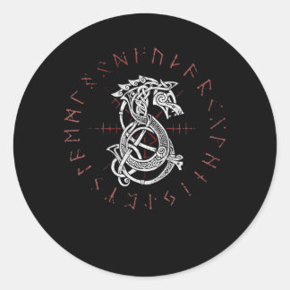 Sticker Rond Fenrir Wolf d'Odin Celtic Norse Runes Distressed