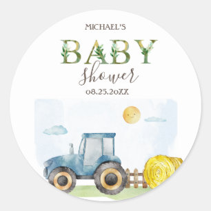 Sticker Rond Ferme à l'aquarelle Tracteur Foin Baby Shower