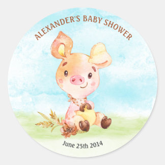 Sticker Rond Ferme de Baby showers Watercolor Piggy