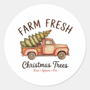 Sticker Rond Ferme Fraîche Arbre de Noël Pink Truck Xmas Vintag