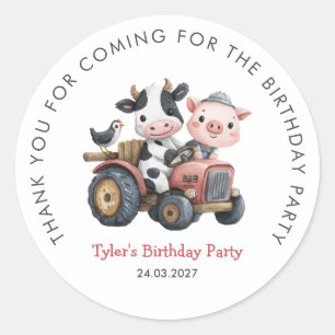 Sticker Rond Ferme Jolie fête d'anniversaire Vache porc Merci