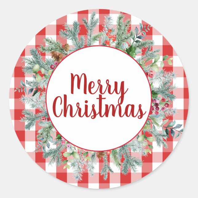 Sticker Rond Ferme Red White Buffalo Check Joyeux Noël (Devant)