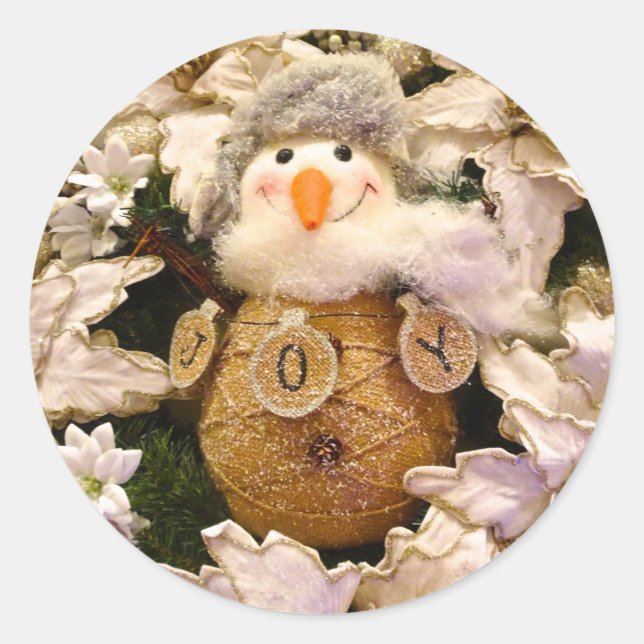 Sticker Rond Ferme Rustique Burlap Snowman Poinsettia vacances (Devant)