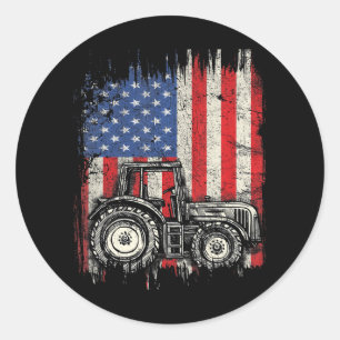 Sticker Rond Ferme Tracteur USA American Flag Farmer Patriotic