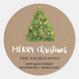 Sticker Rond Festif Arbre de Noël Rustique papier Kraft