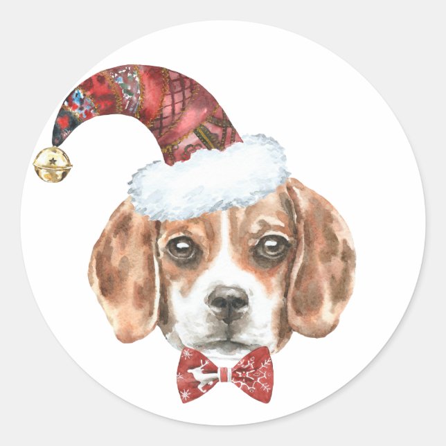 Sticker Rond Festif Beagle d'aquarelle Père Noël Happy Howliday (Devant)