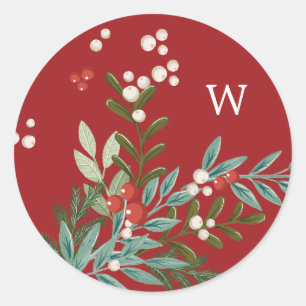 Sticker Rond Festif Botanique Floral Noël traditionnel Rouge
