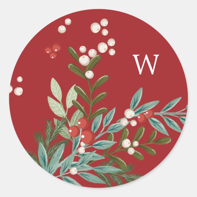 Sticker Rond Festif Botanique Floral Noël traditionnel Rouge (Devant)