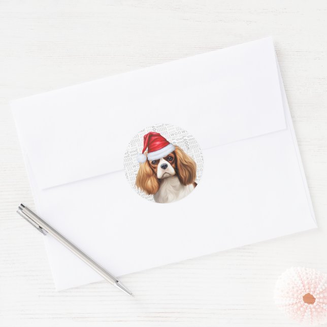 Sticker Rond Festif Cavalier Spaniel Dog Woof Art Noël (Enveloppe)