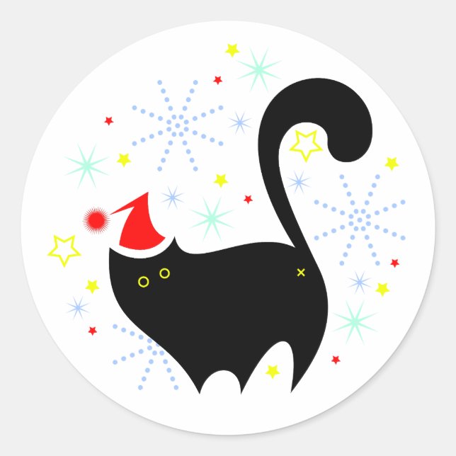 Sticker Rond Festif Chat Noir Santa Hat Noël (Devant)