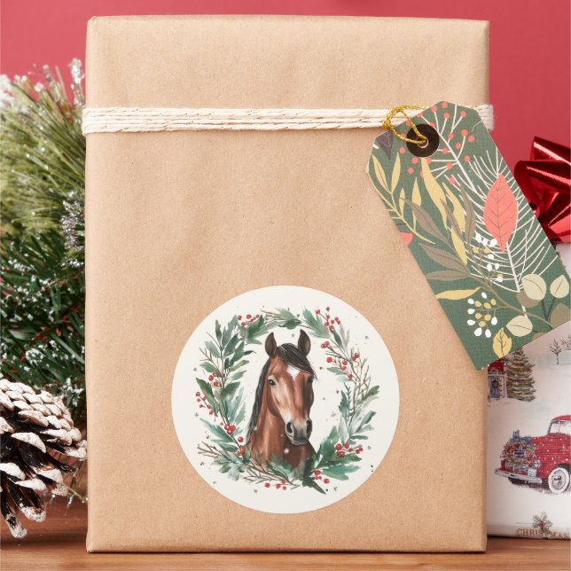 Sticker Rond Festif Cheval équestre Wreath Joyeux Noël (vacances)