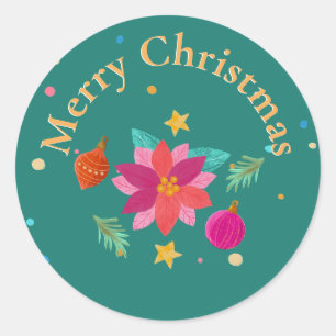 Sticker Rond Festif coloré Floral Vert rose Noël