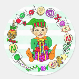 Sticker Rond Festif de Noël fantaisiste dessiné à la main Elf &