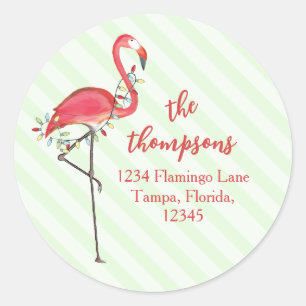 Sticker Rond Festif de Noël mignon Flamant rose lumières à cord