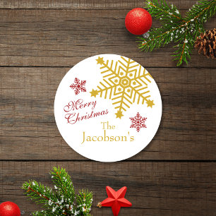 Sticker Rond Festif Gold Red Joyeux Snowflakes Noël