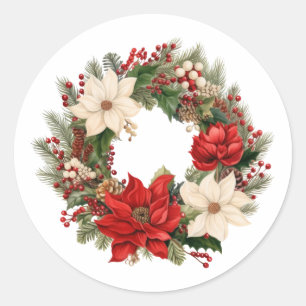 Sticker Rond Festif Poinsettia et Berries Wreath