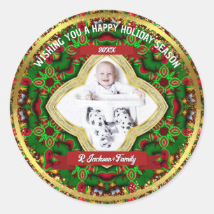 Sticker Rond Festif Red Green Gold Famille Photo Holiday