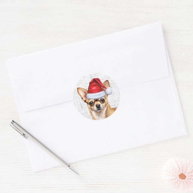 Sticker Rond Festif Tan Chihuahua Chien sur Woof Art Christmas (Enveloppe)