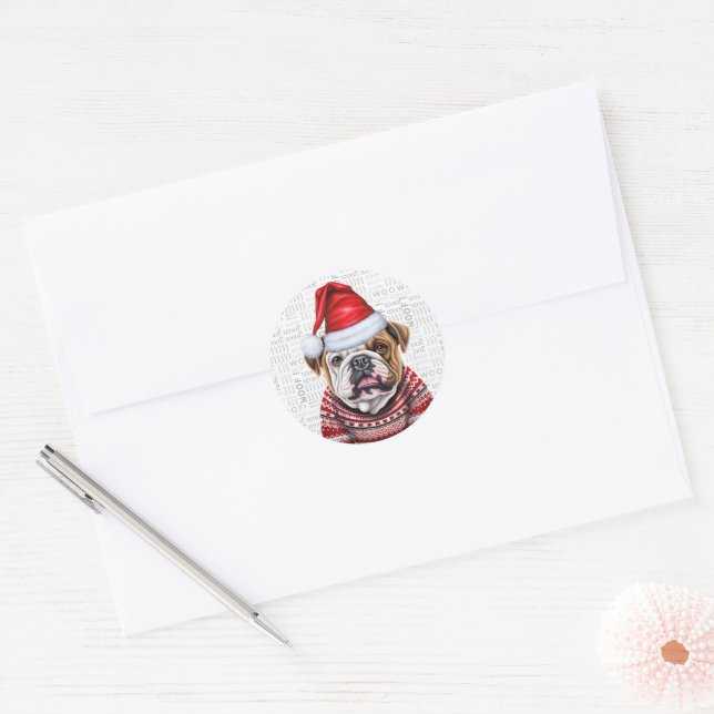 Sticker Rond Festin Bulldog et Woof Word Art Noël (Enveloppe)