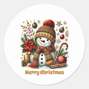 Sticker Rond Festive bonhomme de neige personnalisable Joyeux N