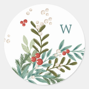 Sticker Rond Festive Botanique Floral Noël Classique Blanc